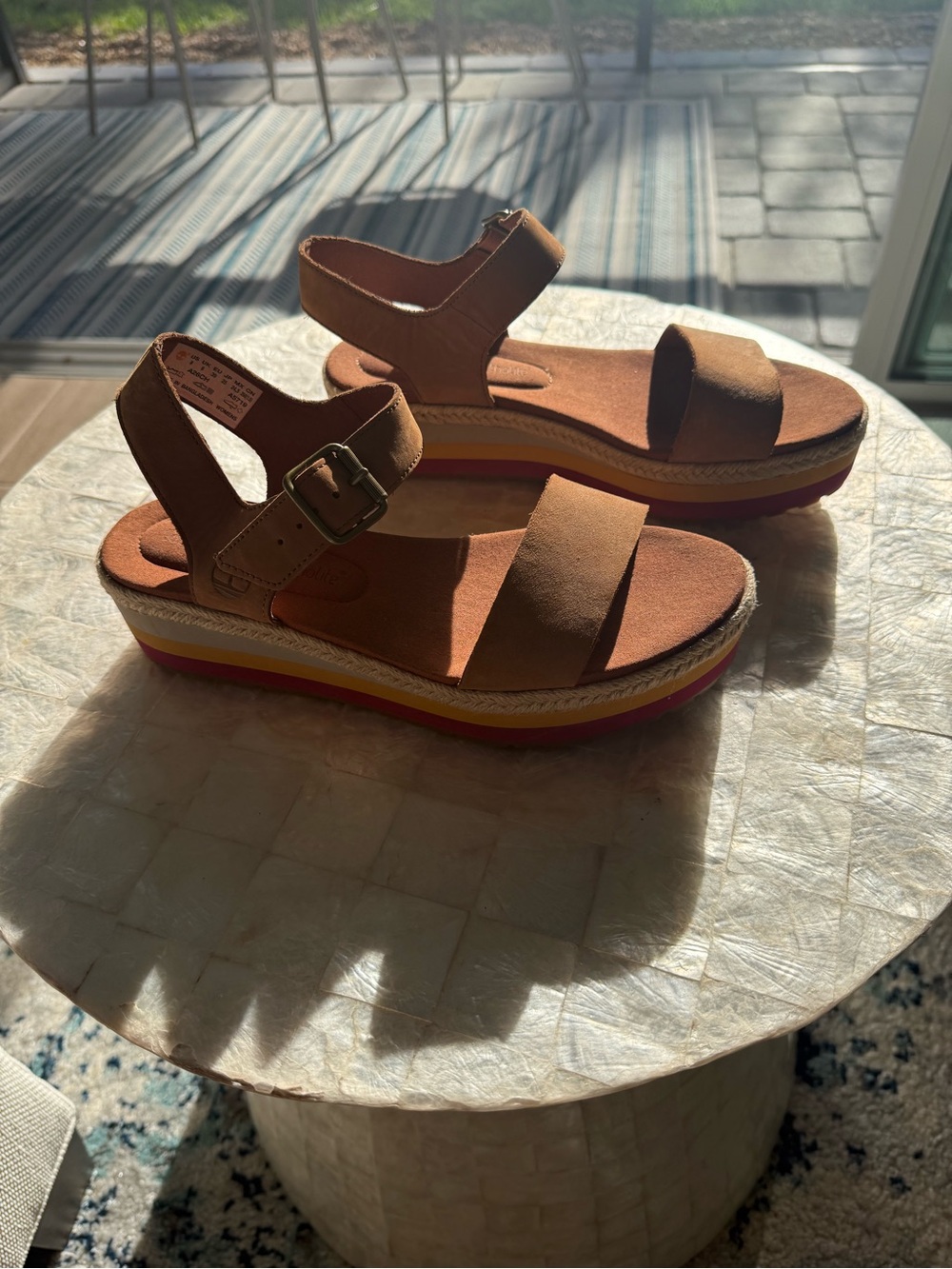 Timberland Brown Suede Platform Sandals with Rainbow Trim